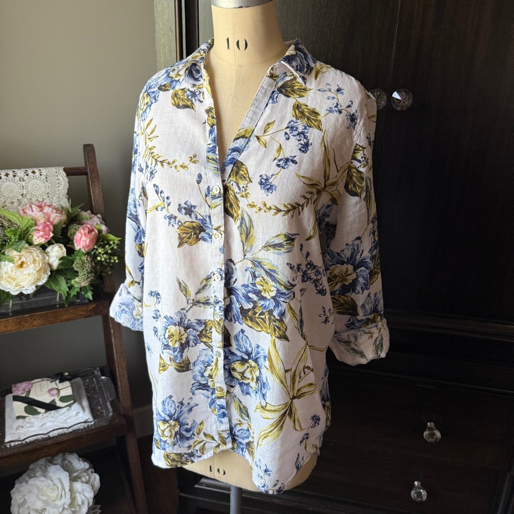 Joie Linen Button Front Shirt Floral Print Roll Tab Sleeve White Blue Size L